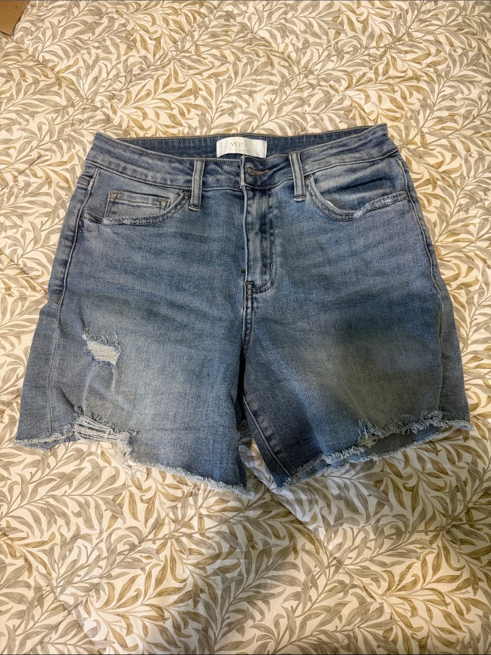 Classic Mid-Rise Faded Blue Distressed Jean Shorts